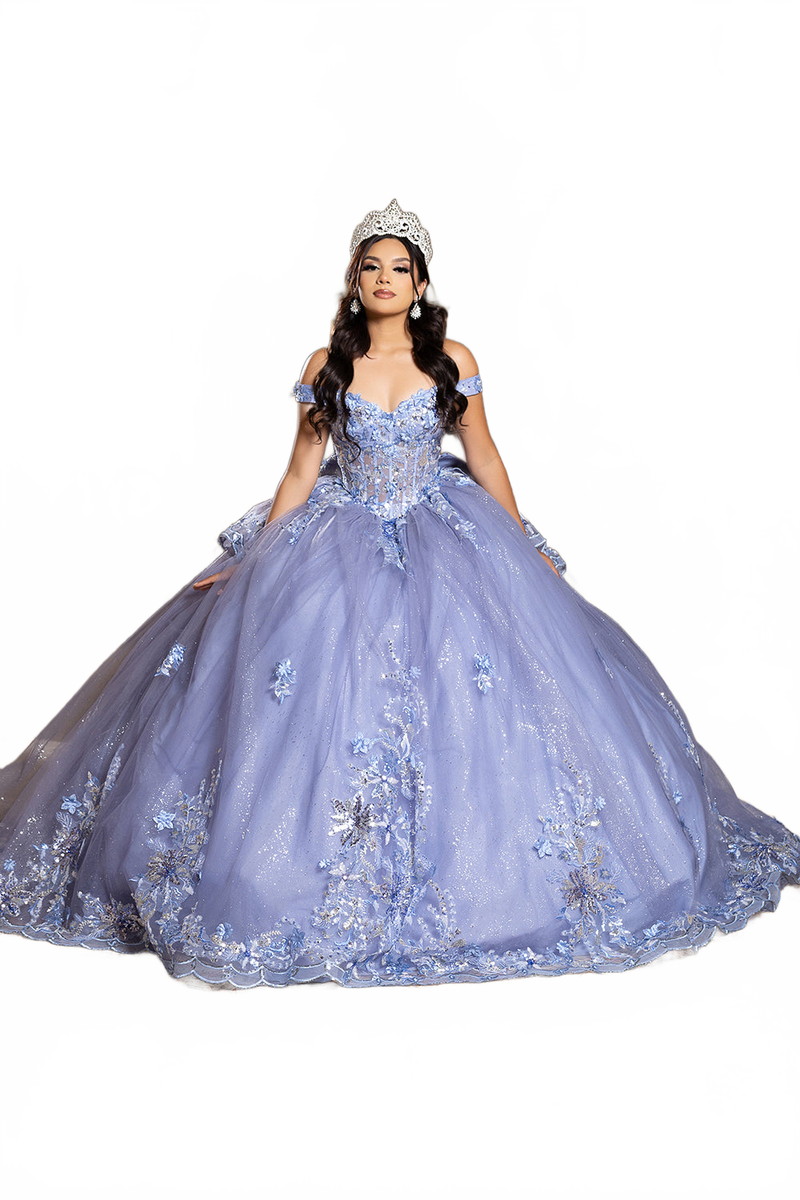 Luxurious Off The Shoulder Quinceañera Ball Gown with 3D Floral Appliqués Glitter Tulle Skirt by Layla K LK286