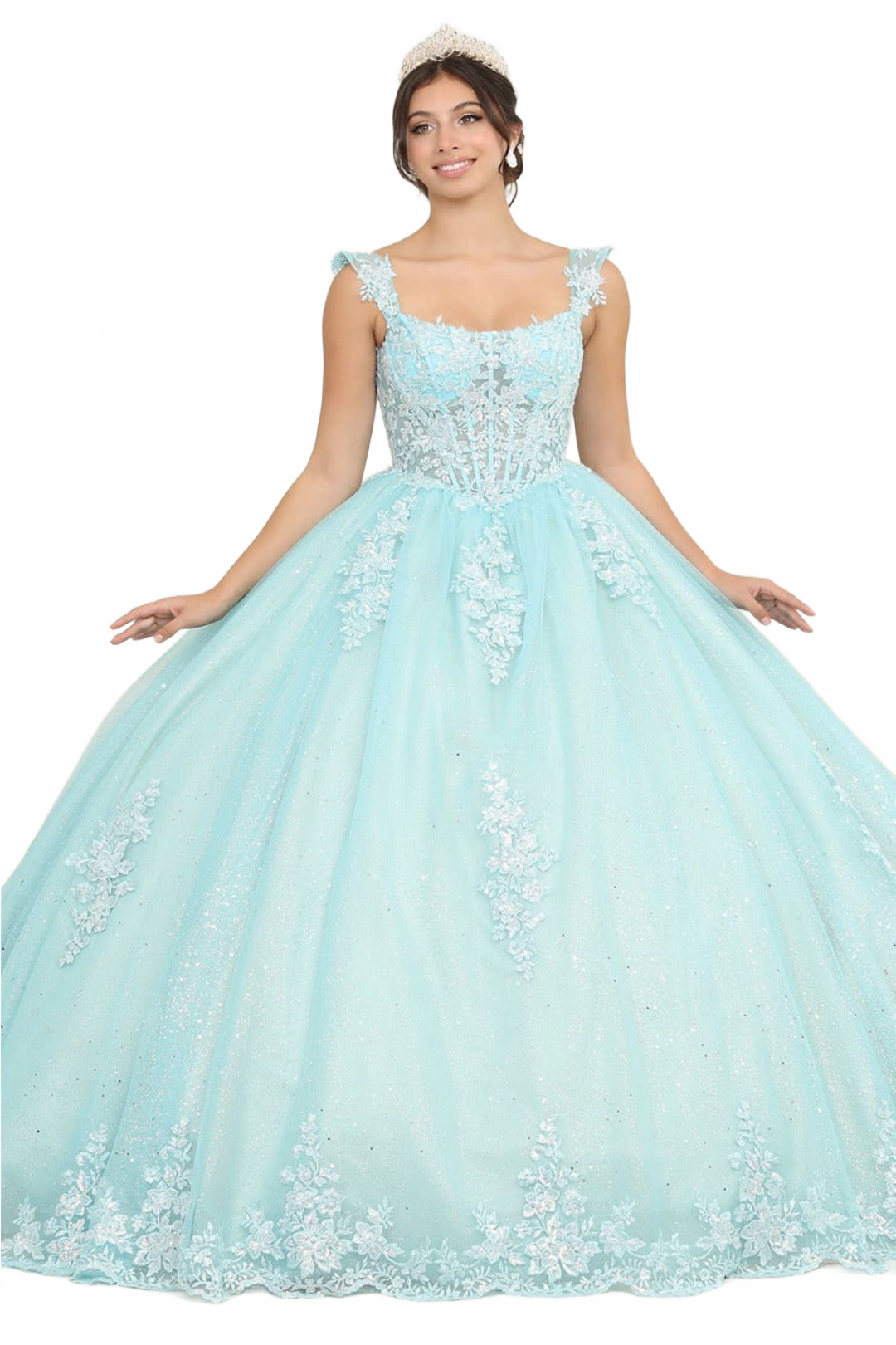 Layla K LK253 Floral Sheer Corset Glitter Tiffany/BlueNude Ball Gown