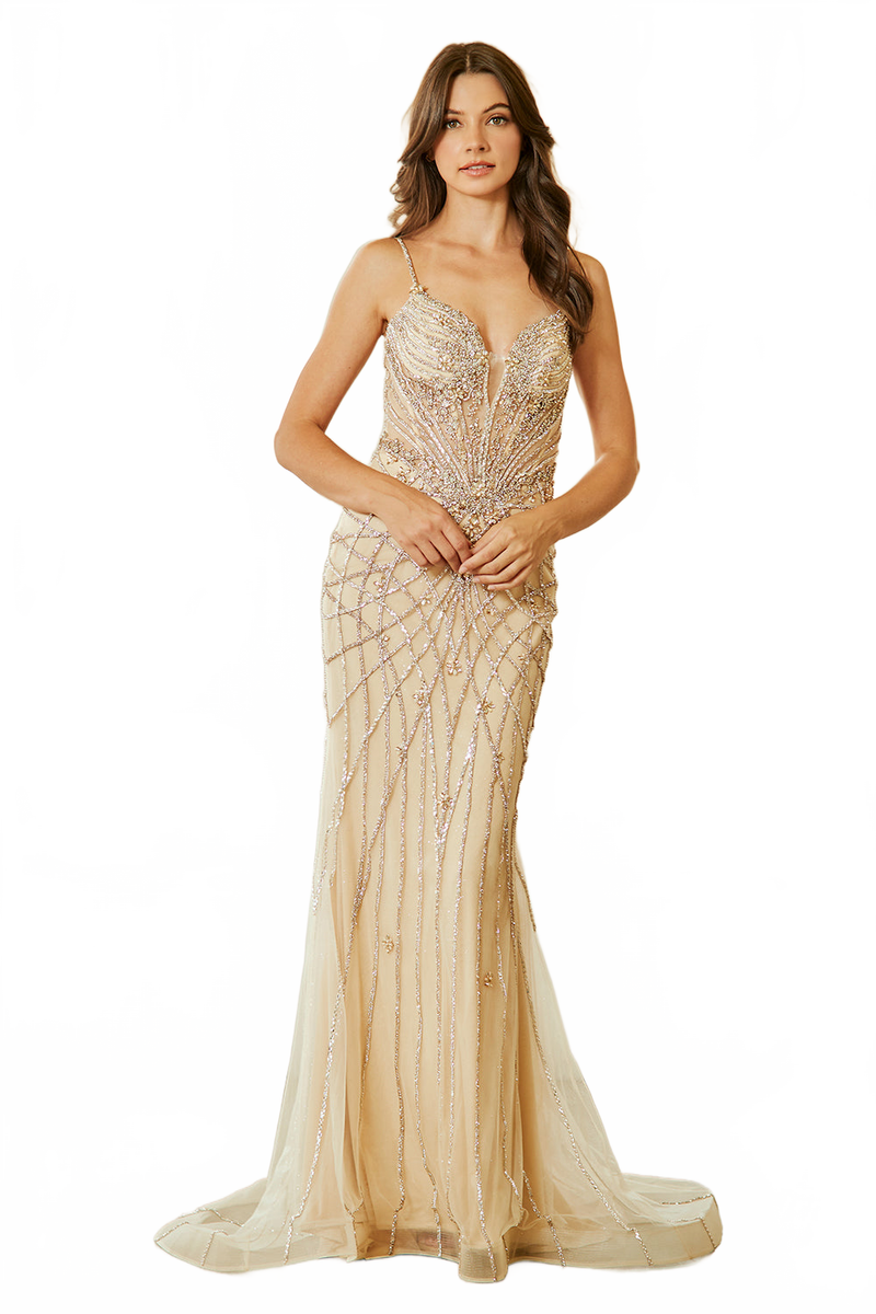 Mermaid Evening Gown with Spaghetti Straps & Illusion V-Neck Formal Dress by Amelia Couture 2135