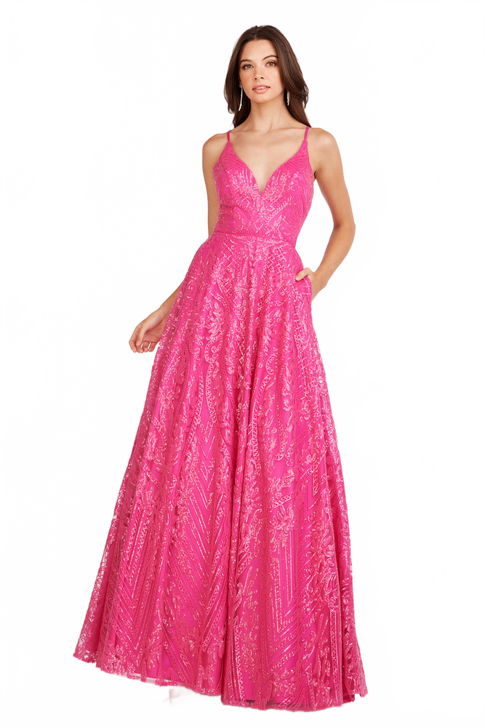 Abby Paris 90243 Sequin Print V-Neck A-Line Evening Gown