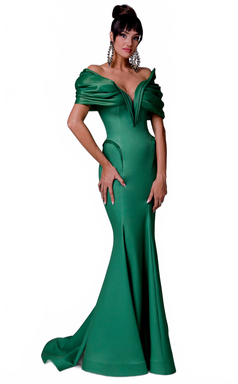 Fouad Sarkis 2710 Off-Shoulder Draped Mermaid Gown in Green
