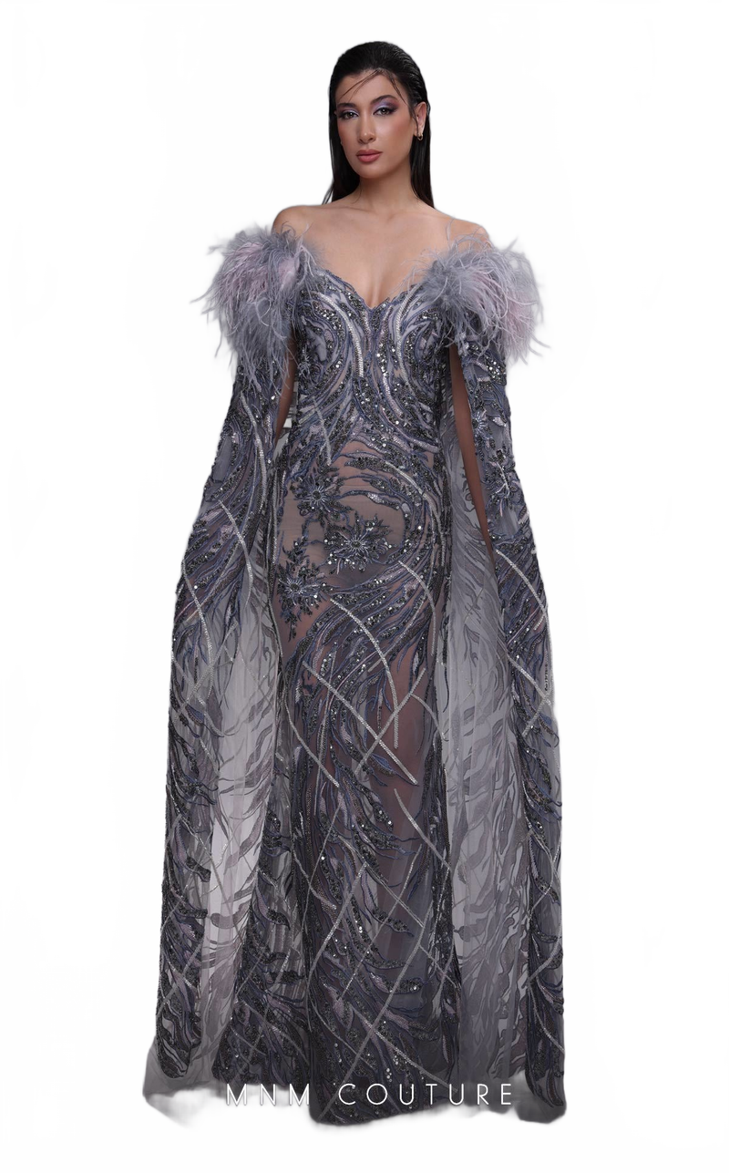 MNM Couture K4097 Grey Beaded Mermaid Gown with Feathers