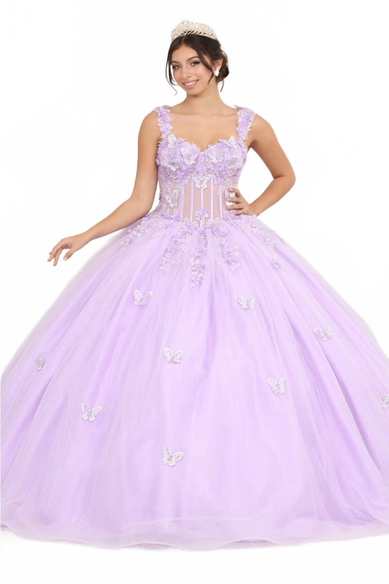 Layla K LK242 V-Neck 3D Butterfly Sheer Ball Sweet 16 Gown