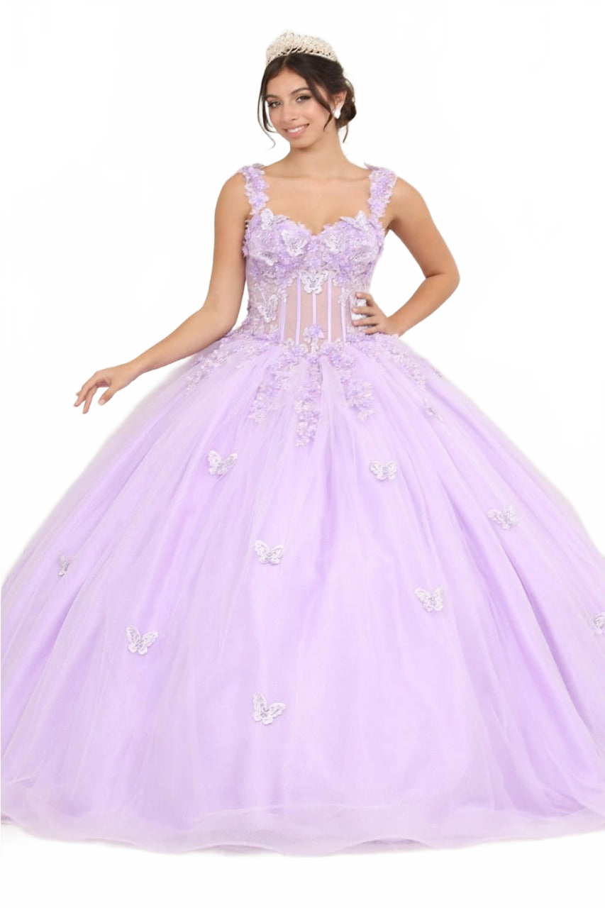 Layla K LK242 V-Neck 3D Butterfly Sheer Ball Sweet 16 Gown