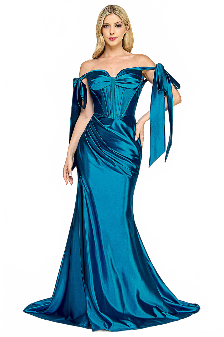 Satin Off-Shoulder Corset Gown with Bow Sleeves and High Slit By Lenovia 8401