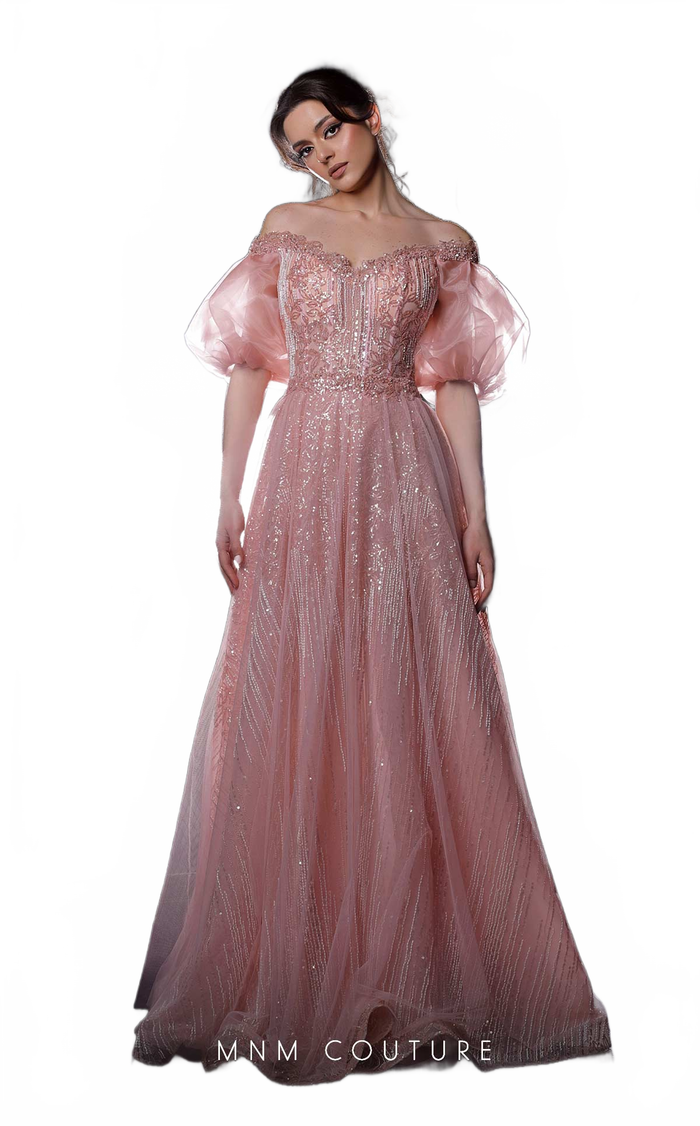 MNM Couture K3971 Pink Off-Shoulder Puff Sleeve Gown