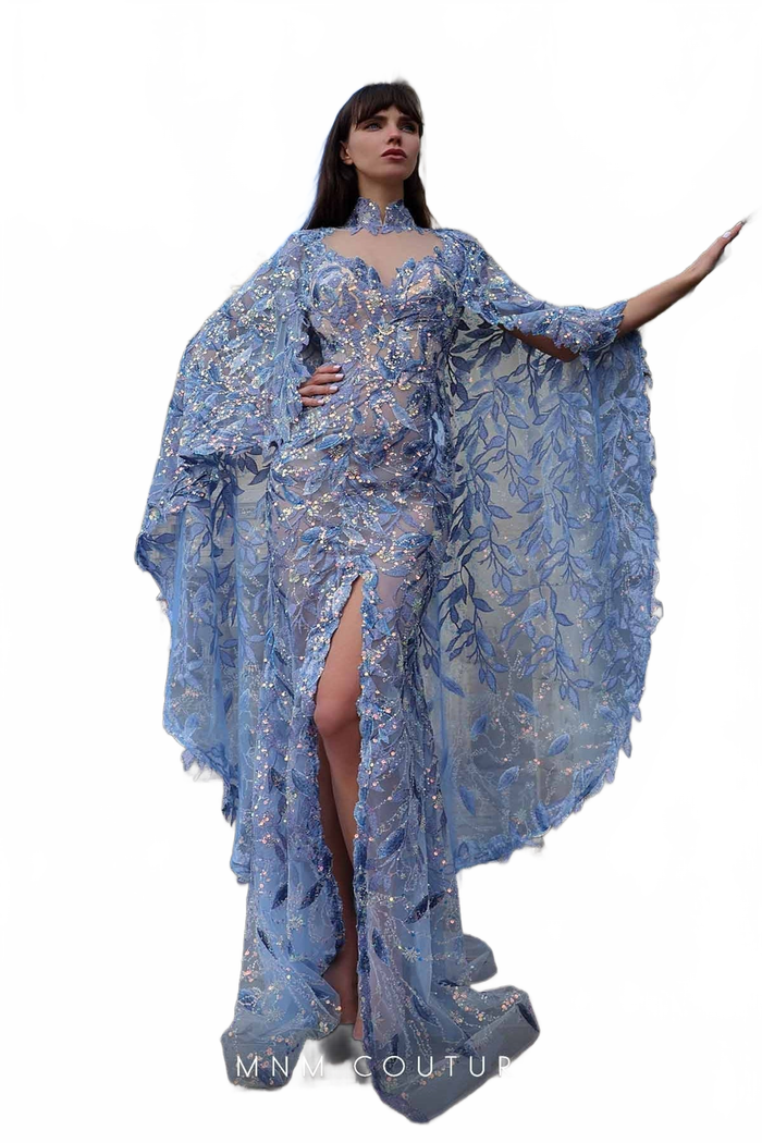 MNM Couture K4012 Blue Sheer Embellished Gown with Cape Sleeves