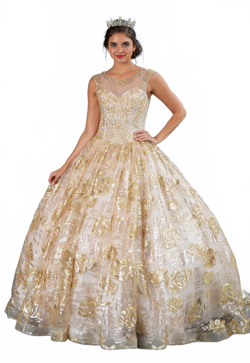Champagne and Gold Quinceanera Dress Floral Sequin Illusion Ball Gown by Calla KY-77239