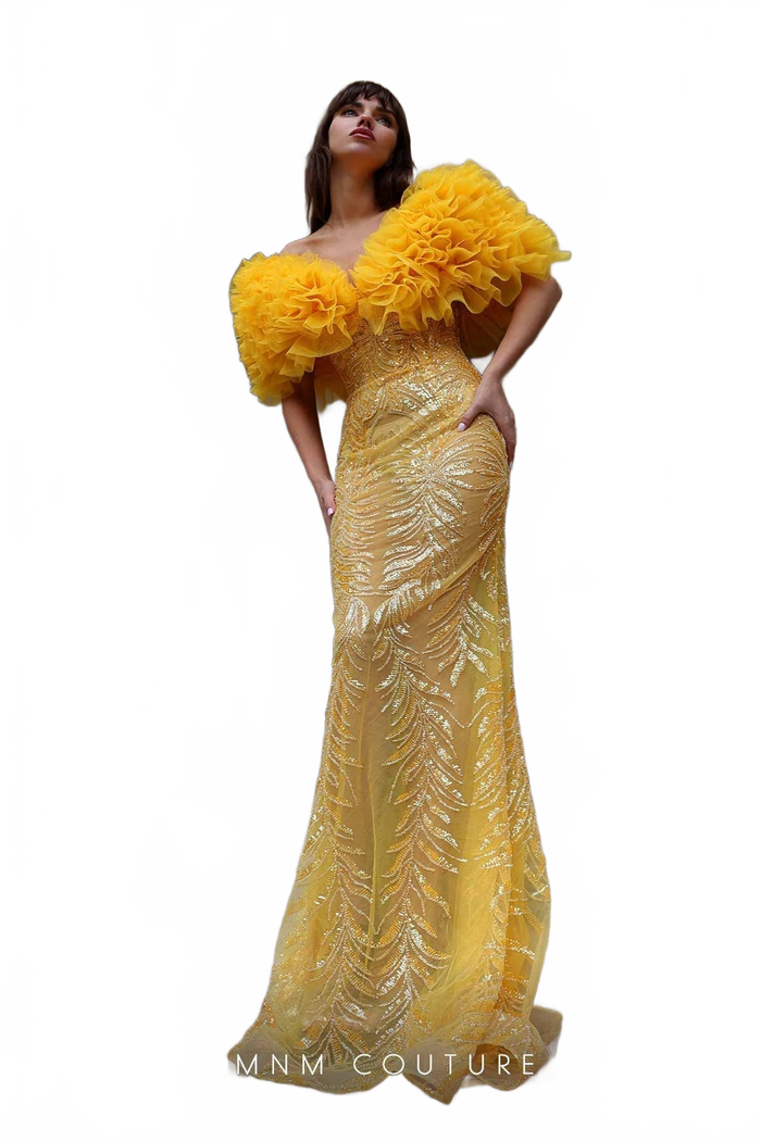 MNM Couture K4031 Off-Shoulder Blue Sequin Gown with Ruffled Sleeves