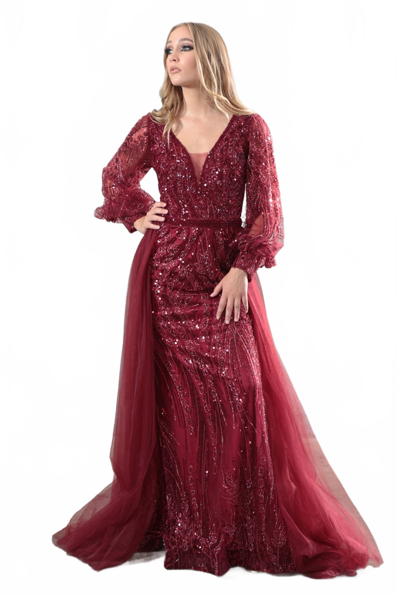 High Couture NR2216 Fitted Long Overskirt Formal Evening Lace Dress