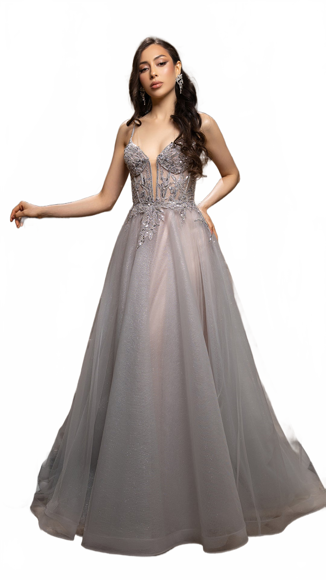 A-Line Glitter Tulle Evening Gown with Beaded Applique Bodice & Spaghetti Straps By May Queen MQ2178