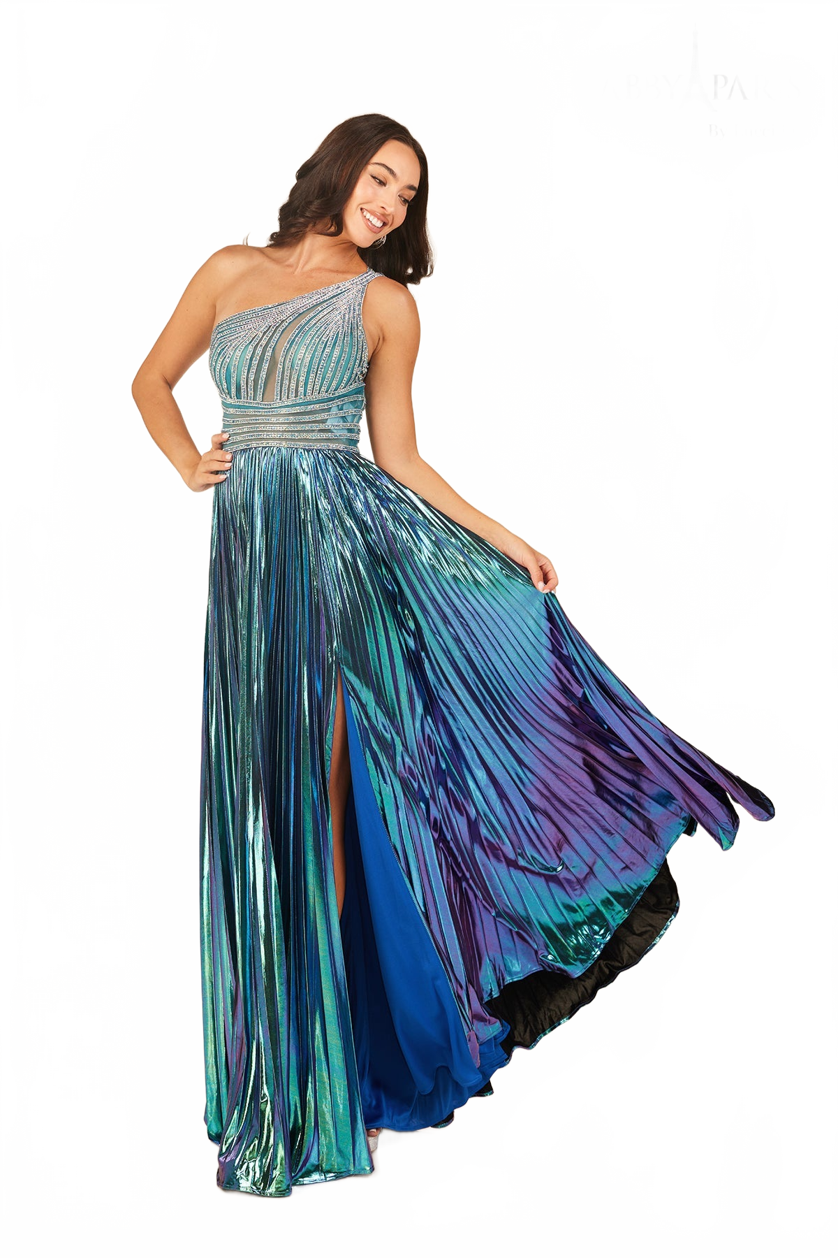 One Shoulder Metallic A-line Slit Gown by Abby Paris 90289