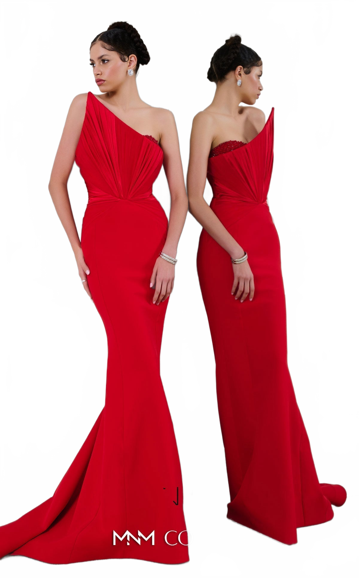 Fouad Sarkis F03100 Asymmetric Red Gown with Beaded Embroidery