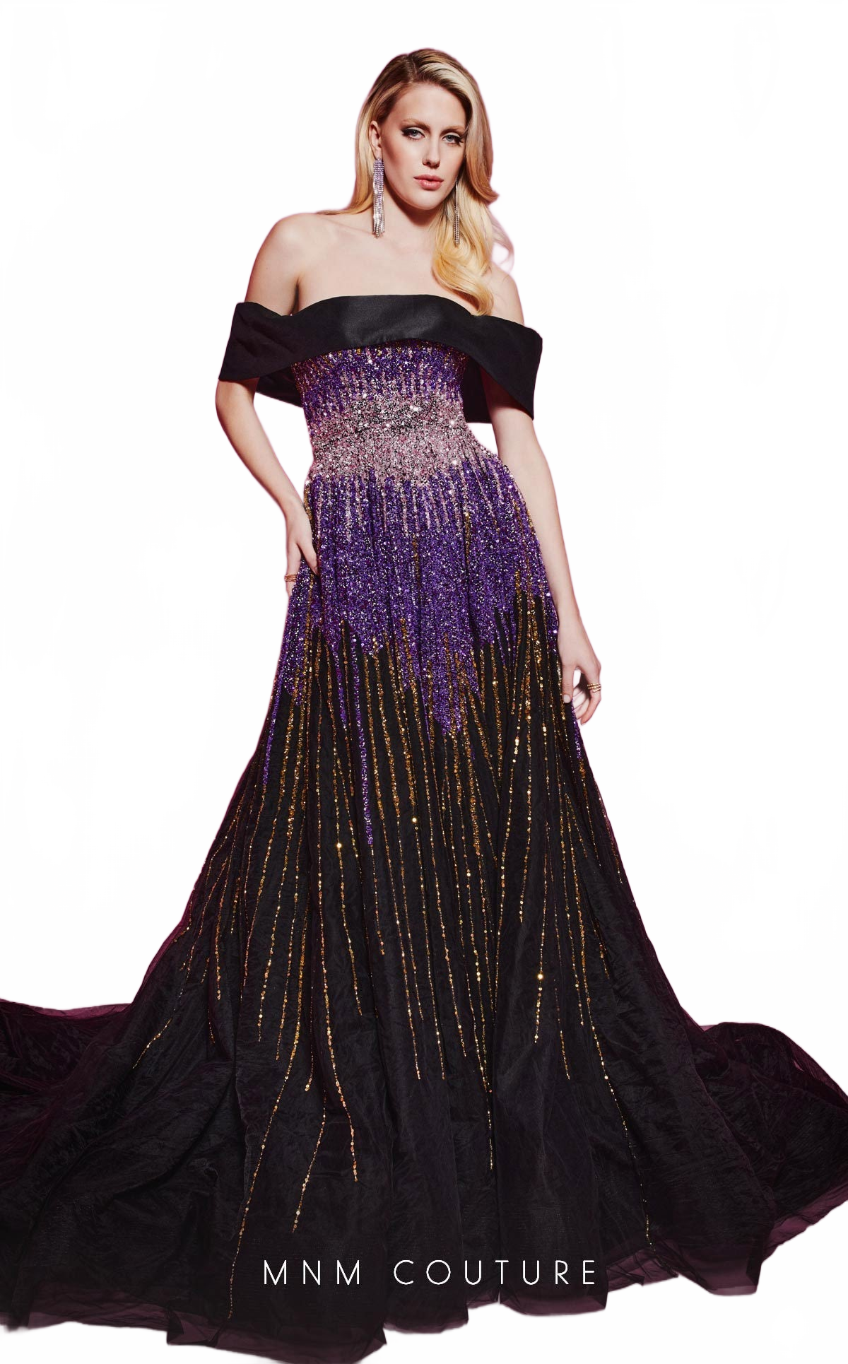 MNM Couture B1009 Sequin Off-Shoulder Evening Gown in Purple