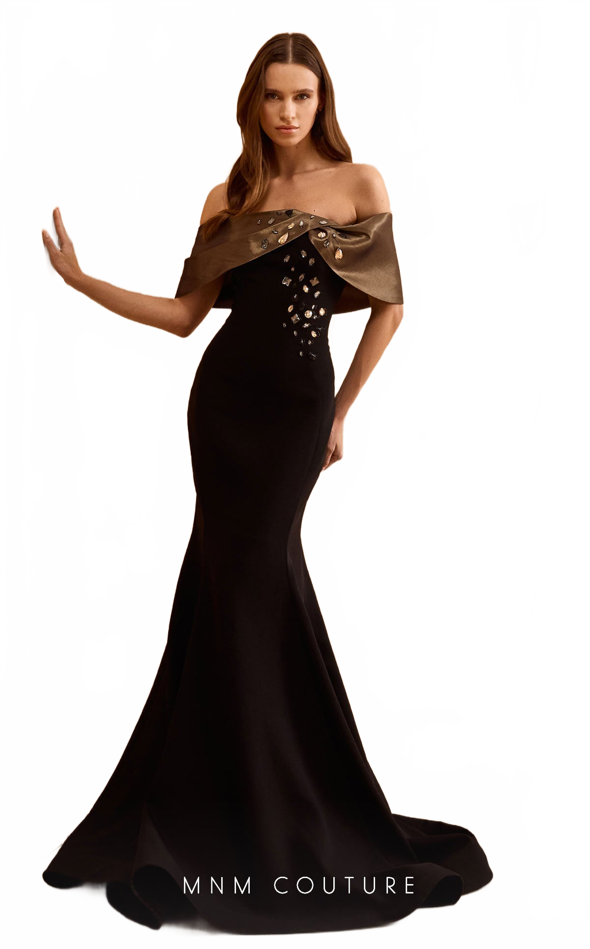 MNM Couture V07388 Black-Copper Evening Gown with Detailed Embroidery