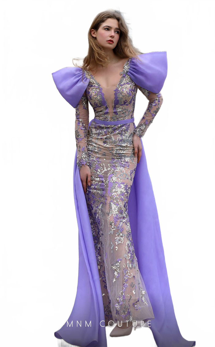 MNM Couture K4075 Purple Sequin Long Sleeve Gown