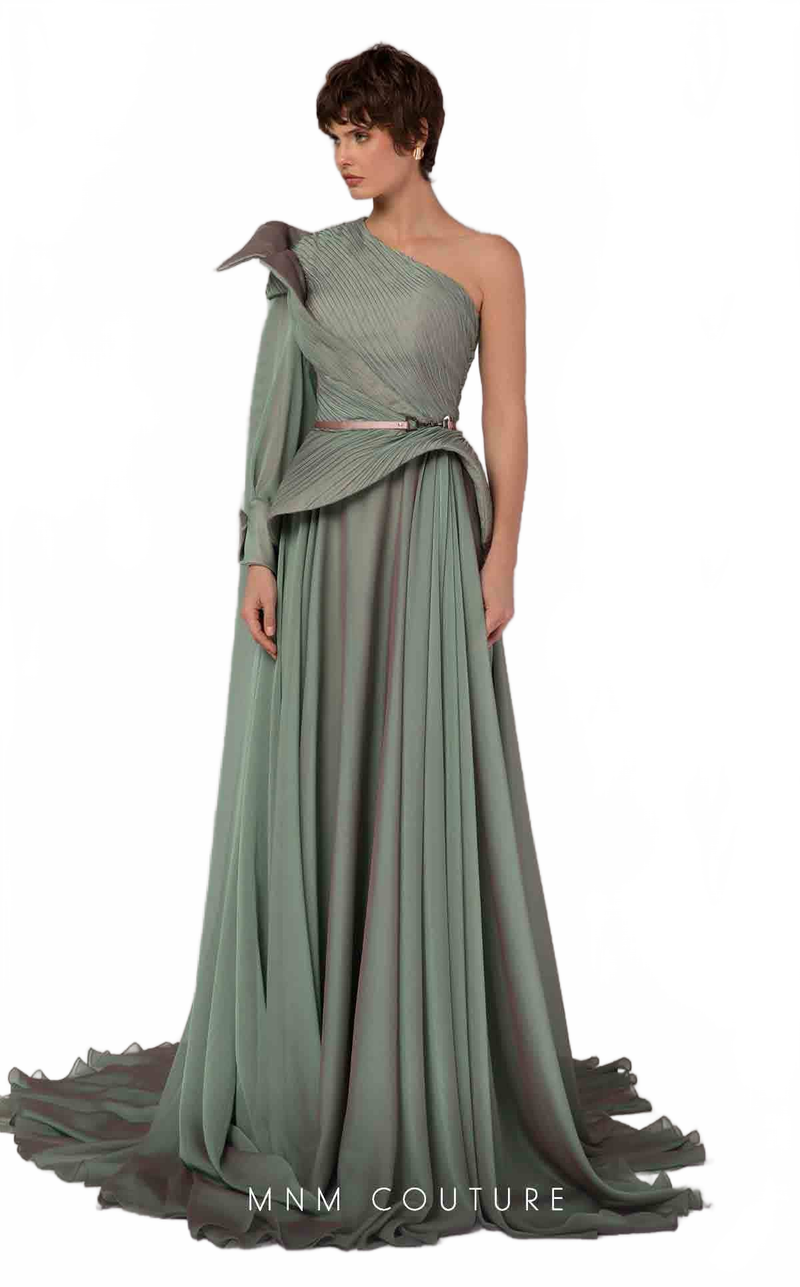 MNM Couture E0097 Green One-Shoulder Long Evening Gown