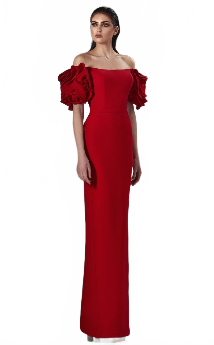 MNM Couture K3875 Off-Shoulder Red Sheath Gown with Puff Sleeves