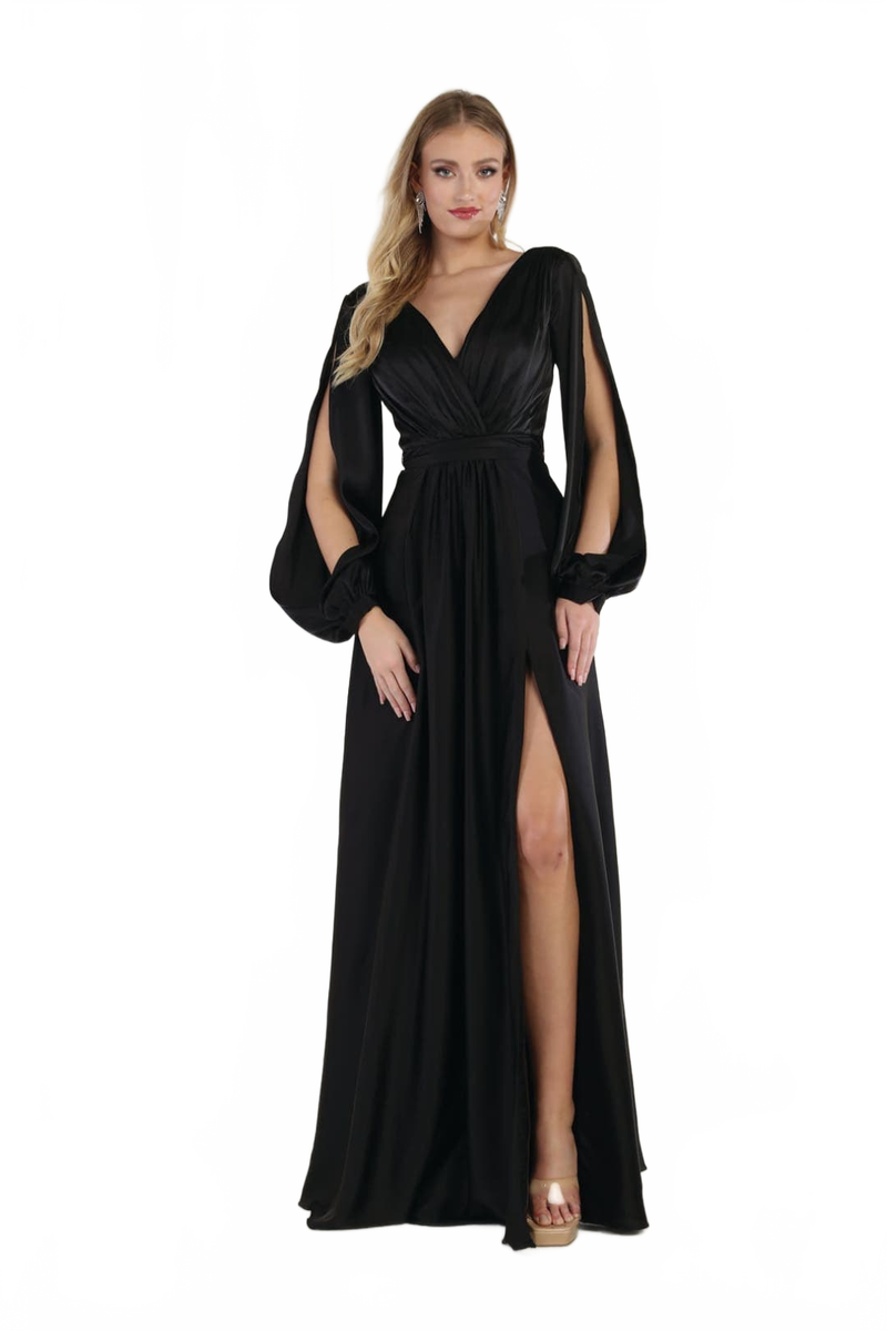 May Queen MQ1857 Split Long Sleeve High Slit Simple Evening Gown