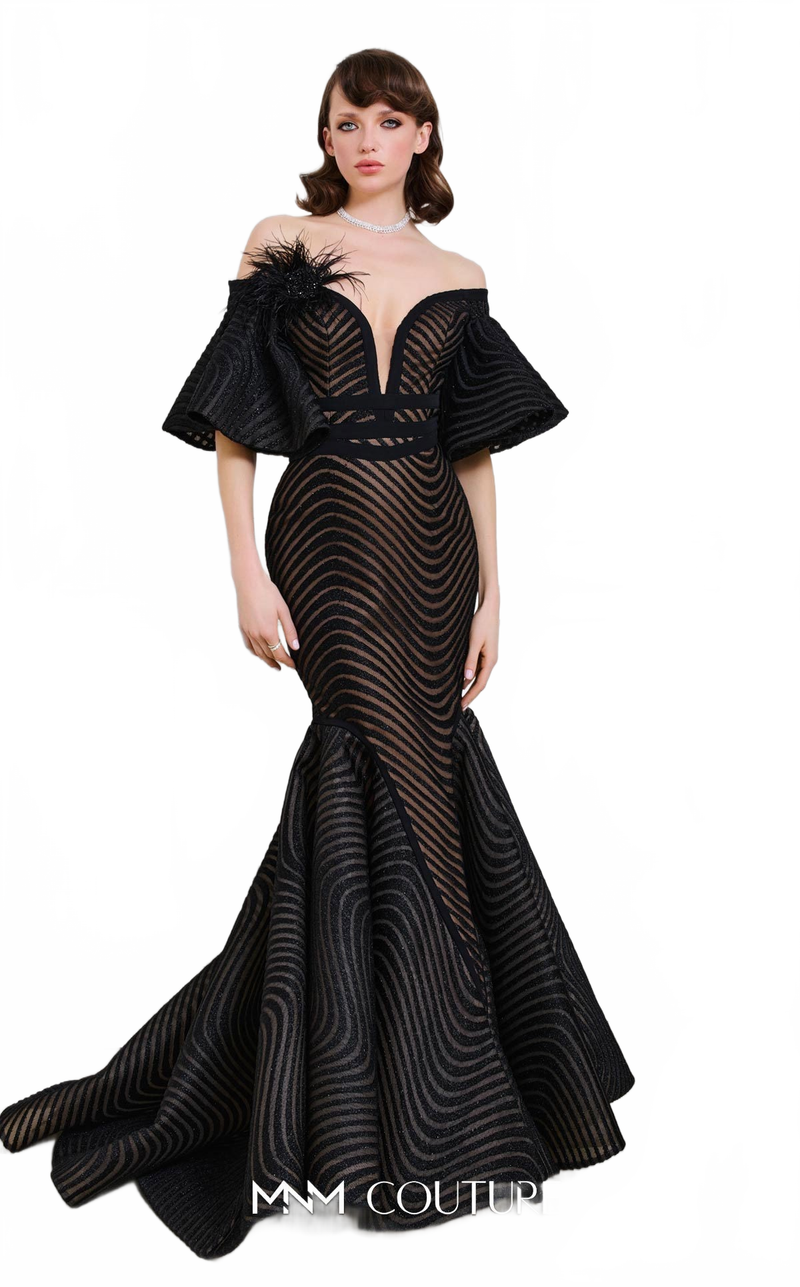 Fouad Sarkis F02925 Off-Shoulder Mesh Mermaid Gown in Black