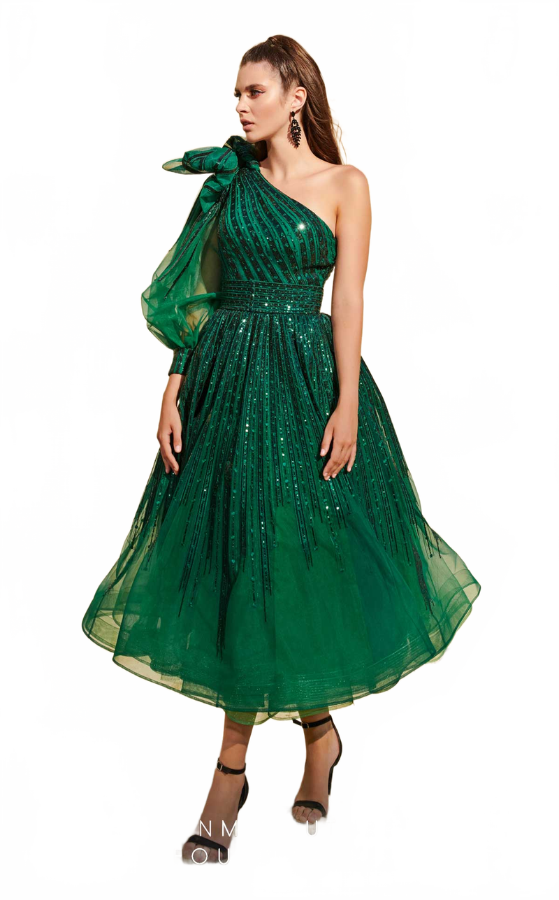 Fouad Sarkis 2745 One-Shoulder Tea-Length Gown
