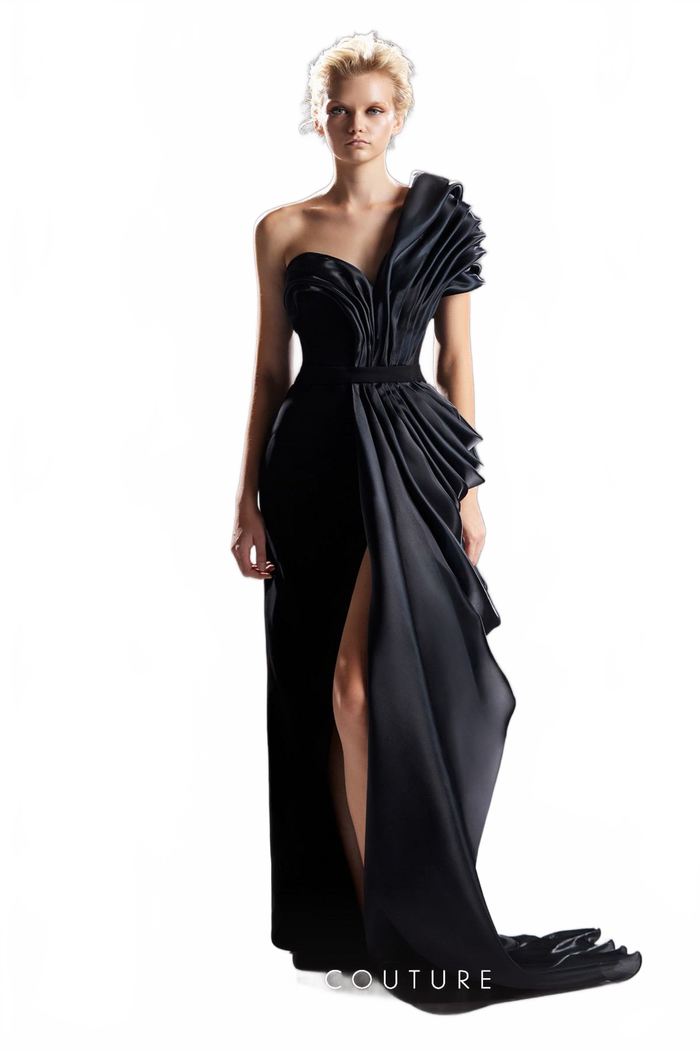 Gaby Charbachy G1507 One-Shoulder Black Draped Slit Gown by MNM Couture
