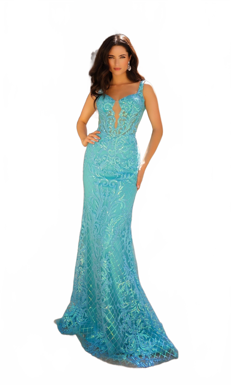 Nox Anabel E1274 Deep V-Neck Long Sequin-Print Prom Dress