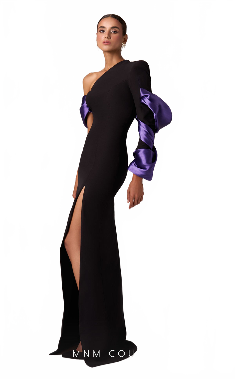 MNM Couture E0067 Asymmetrical Gown in Black/Purple