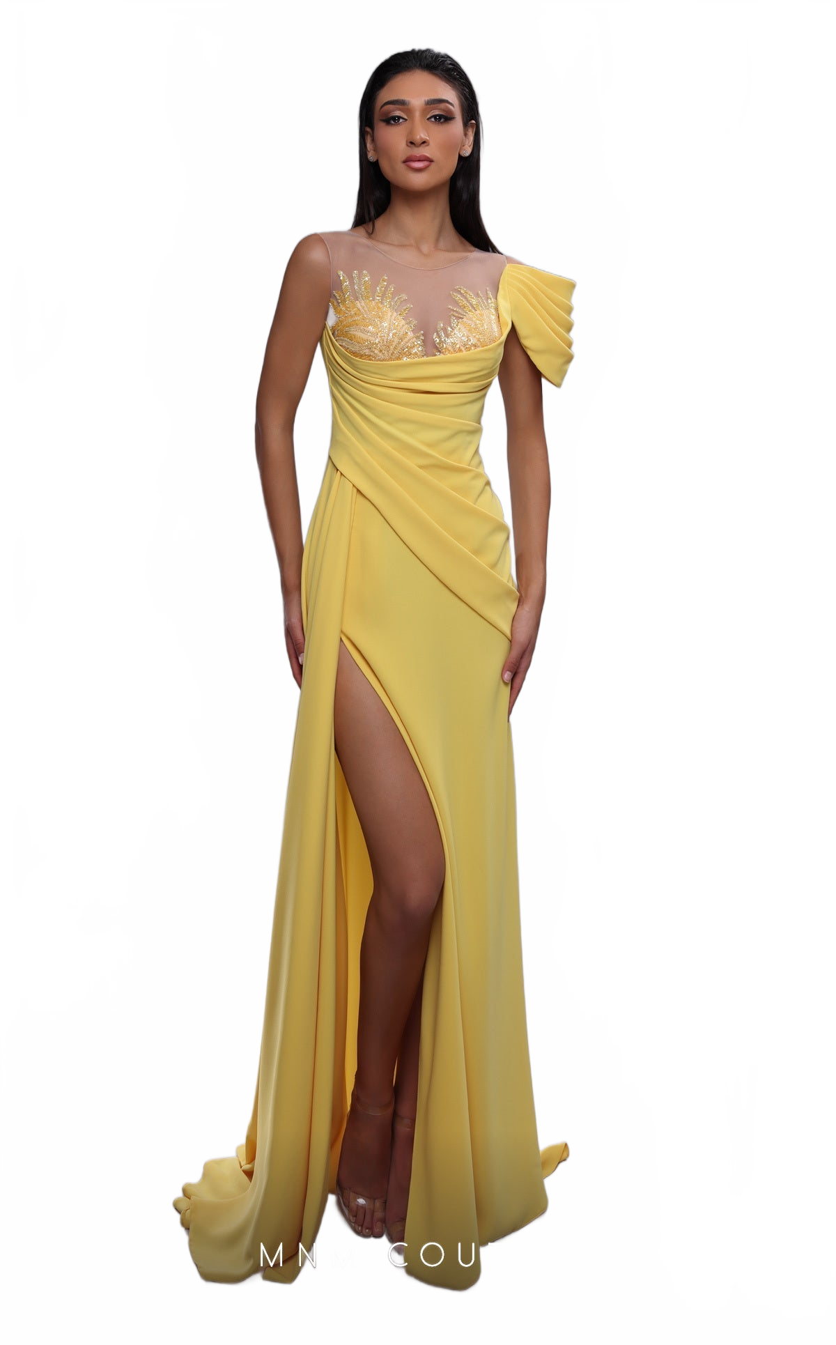 MNM Couture K4085 Fuchsia Off-Shoulder Gown with Beading & Slit