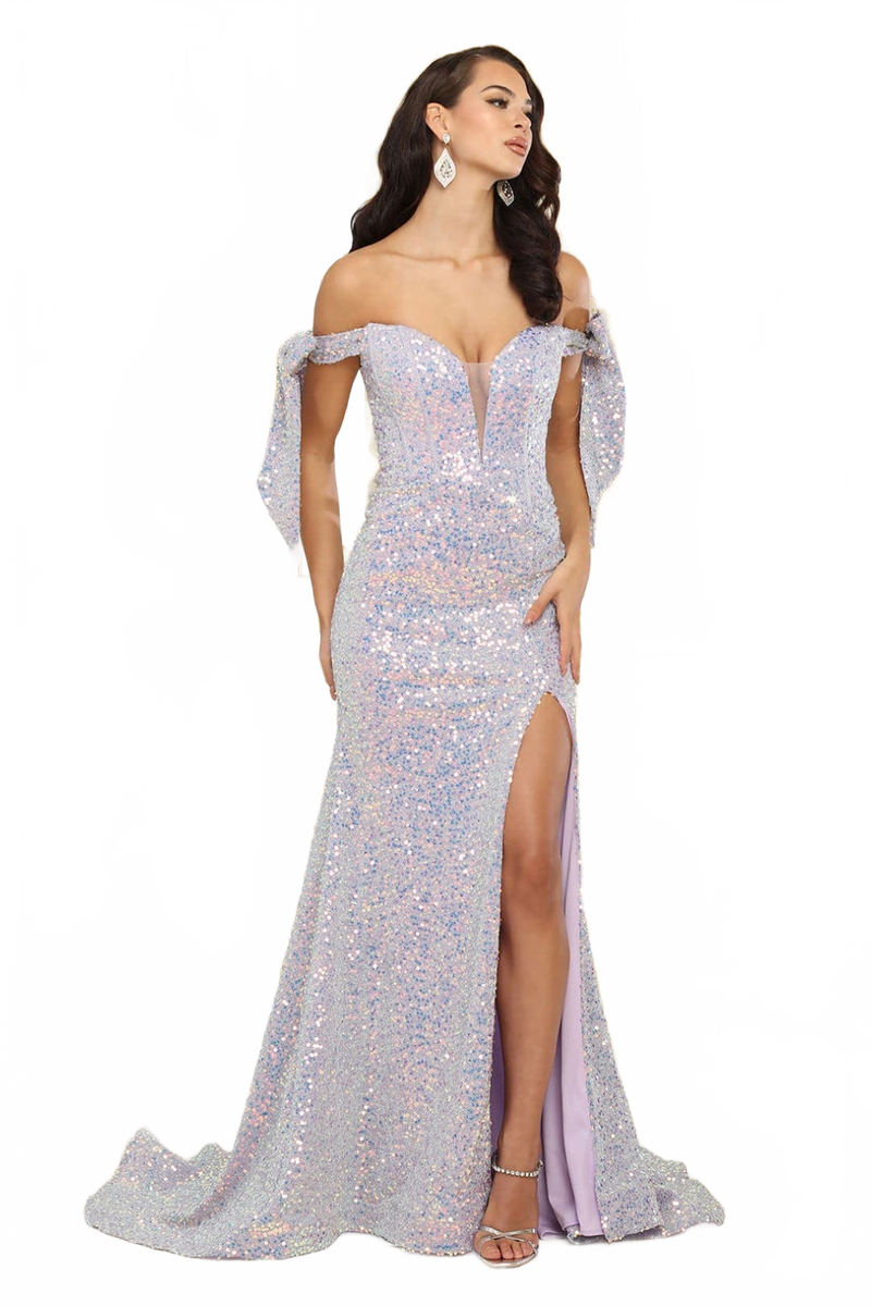 May Queen MQ2023 Bow Off Shoulder Sequin Long Lilac Prom Evening Gown