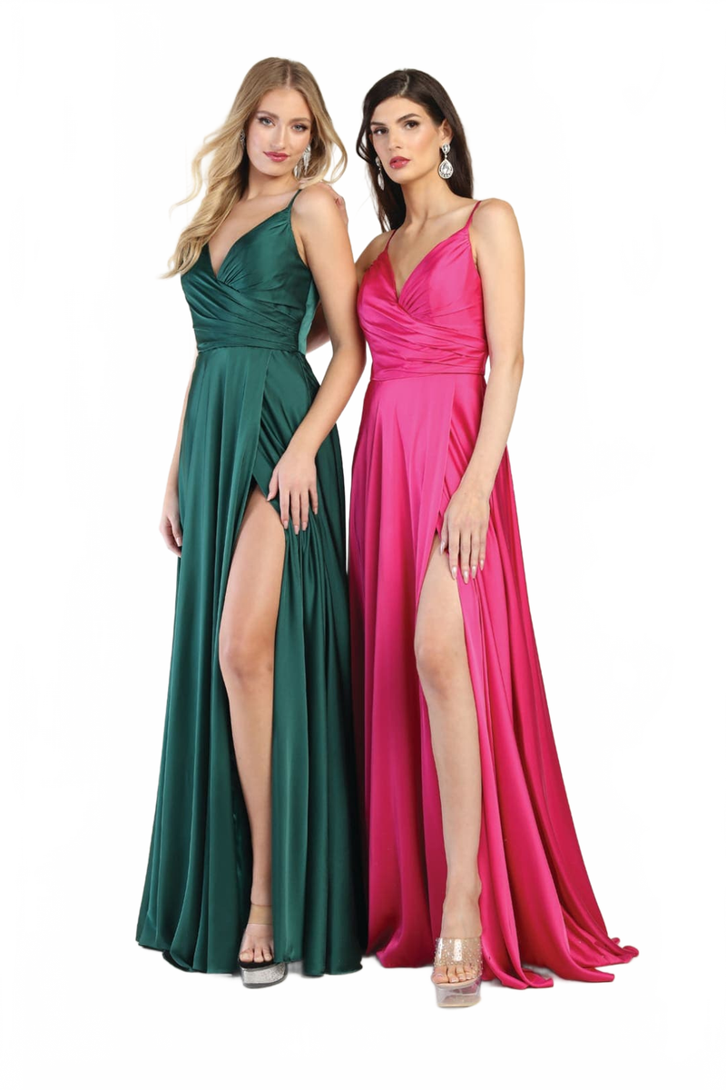 Long Simple Prom Dress V-Neck A-Line Satin Slit Formal Evening Gown by MQ1945