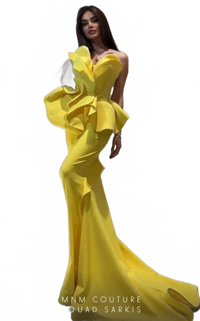 Fouad Sarkis 2647 Mustard Strapless Sculpted Ruffle Gown by MNM Couture