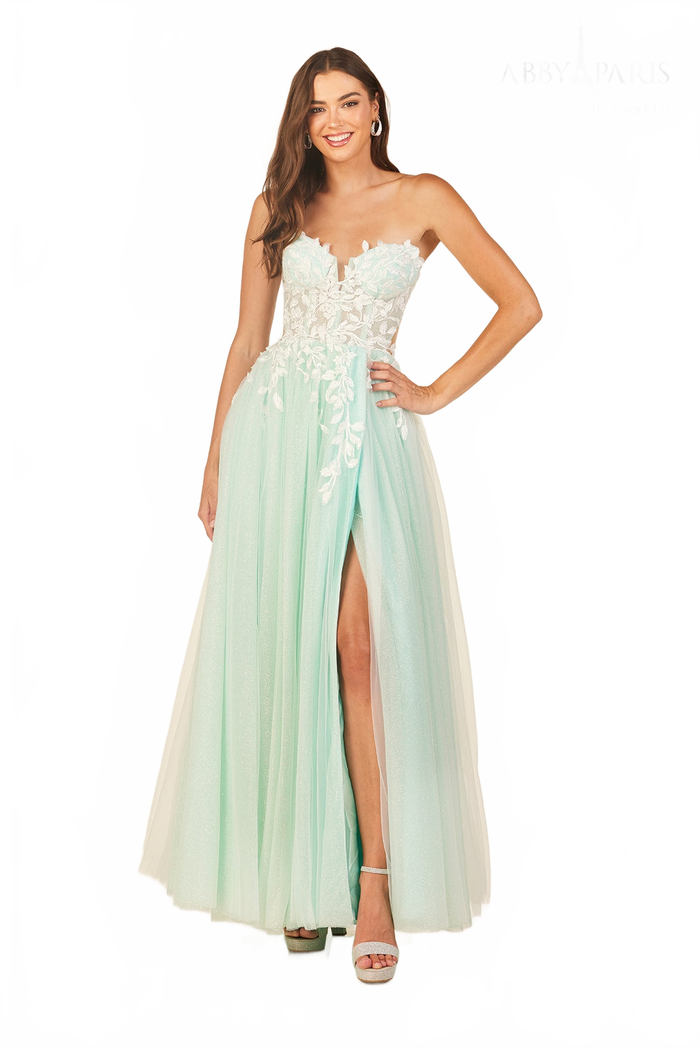 Abby Paris 90337 Applique Strapless A-line Evening Gown