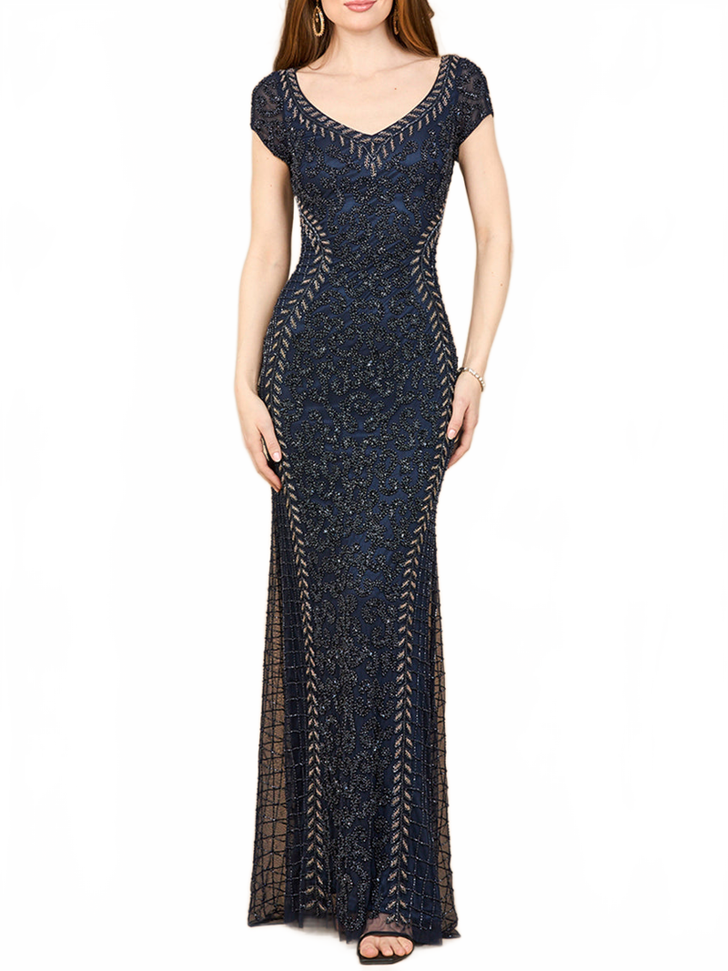 Beaded Mermaid Cap Sleeve Gown