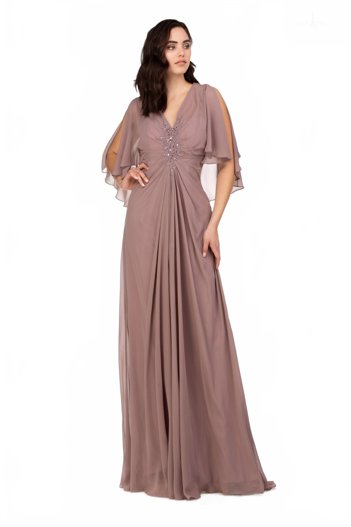 Abby Paris 96054W Beaded V-neck Chiffon Capelet Gown