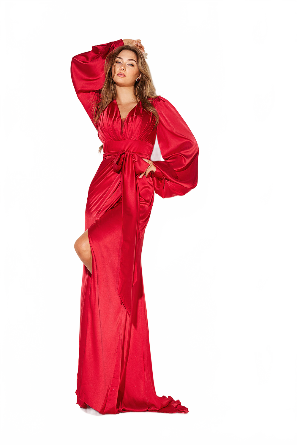 Satin Puff Sleeve Slit Gown by Lucci Lu C8088