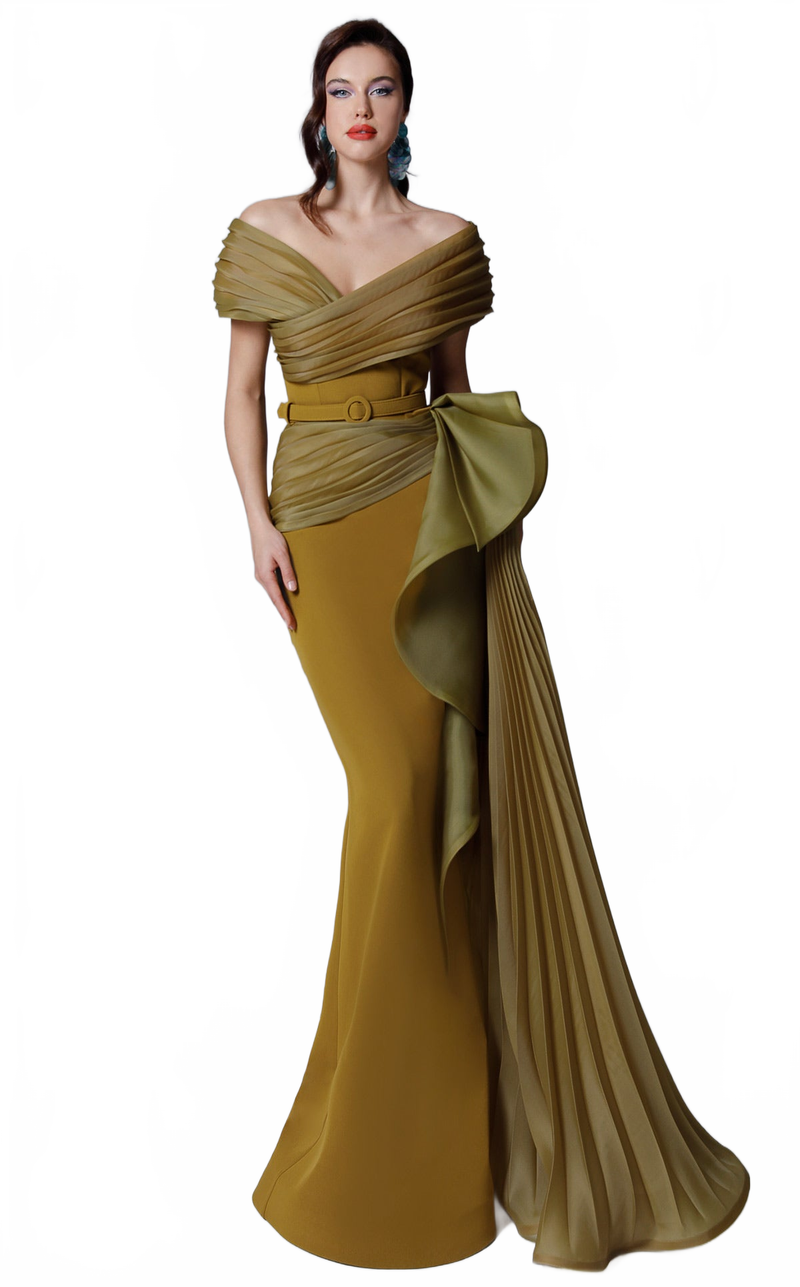 Off-Shoulder Evening Gown with Pleated Overskirt & Bow Detail Formal Dress by MNM Couture 2692