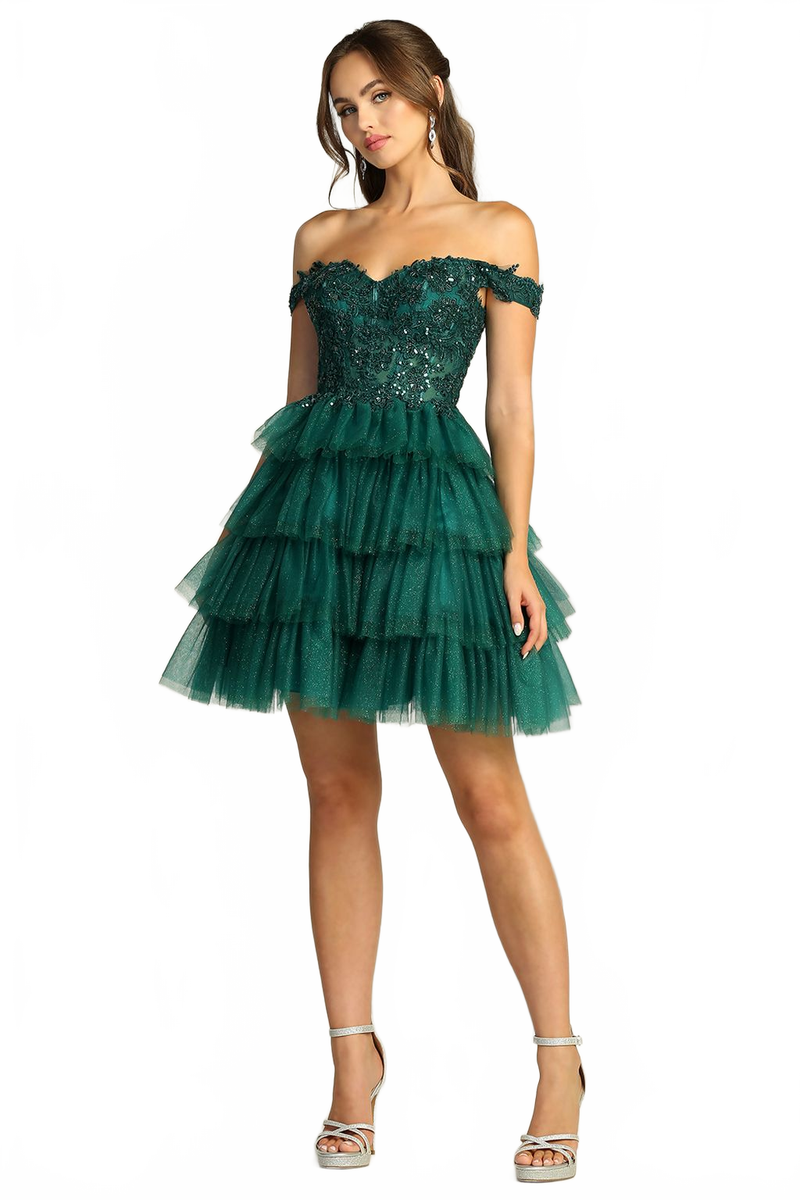 Adora Design 1061 Off Shoulder Glitter Applique Short Prom Dress