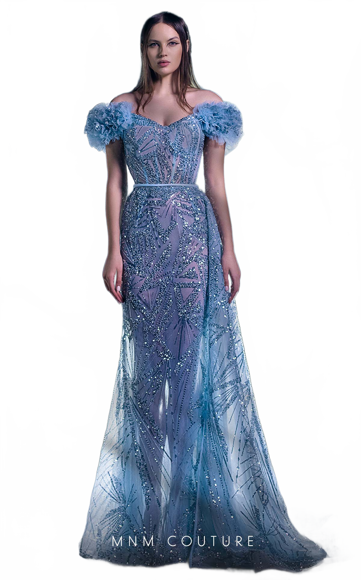 MNM Couture K3963 Blue Off-Shoulder Floral Sleeve Gown