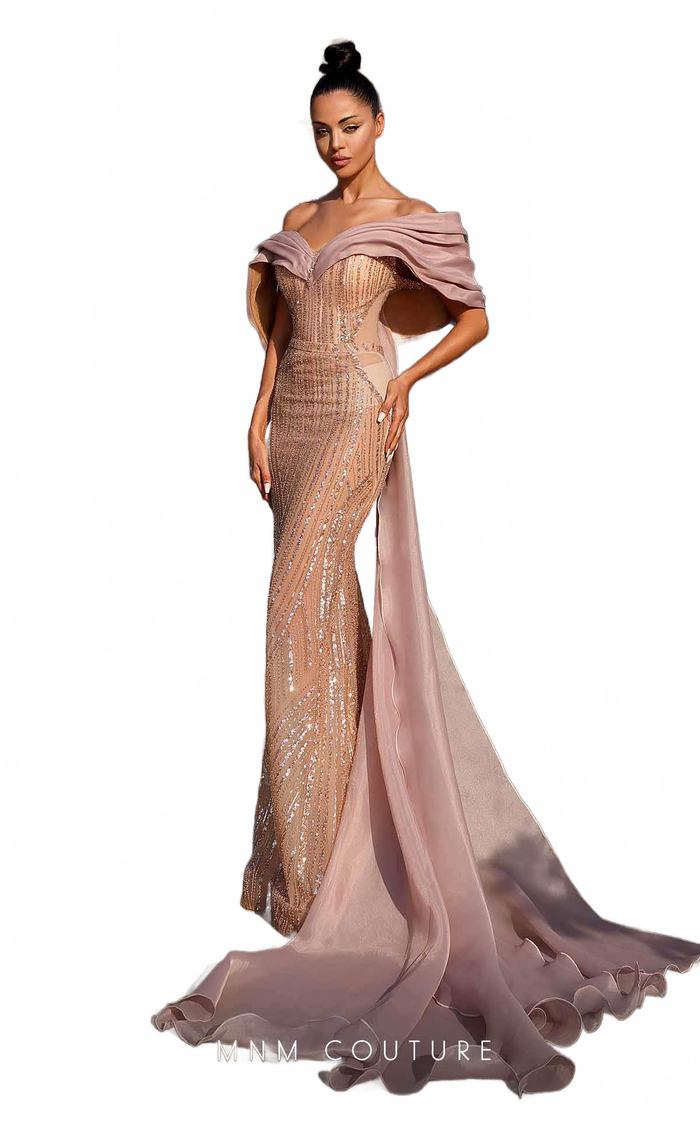 MNM Couture K4138 Bronze Sequin Off-Shoulder Mermaid Gown