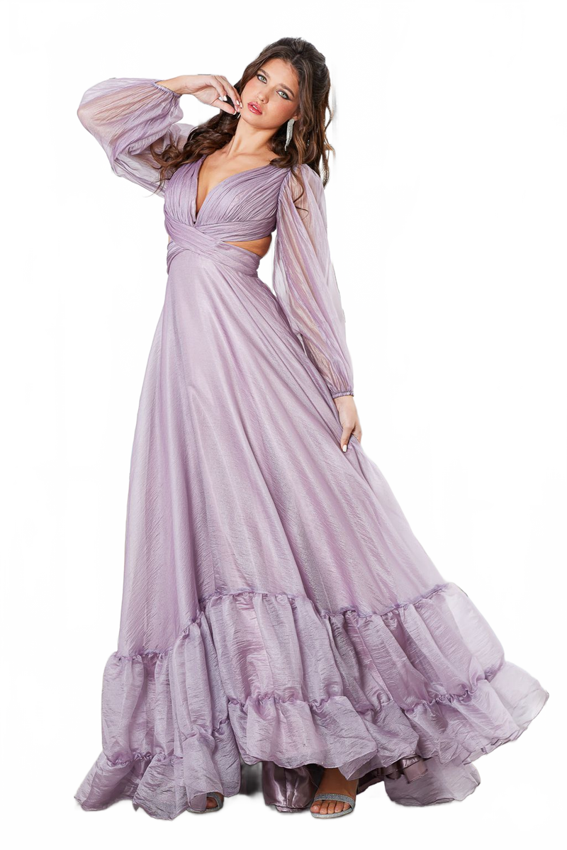 Adora Design 3149G A-Line Tiered Ruffle Long Sleeve Prom Gown