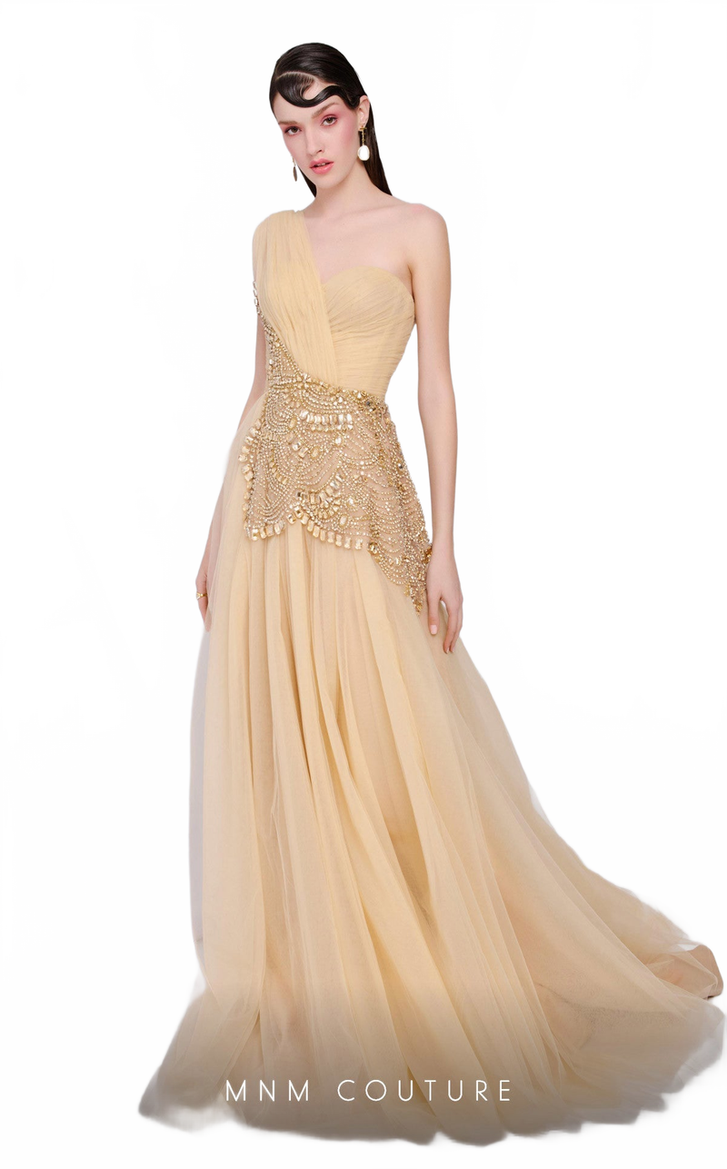 MNM Couture B1110 Golden One-Shoulder Embellished Gown
