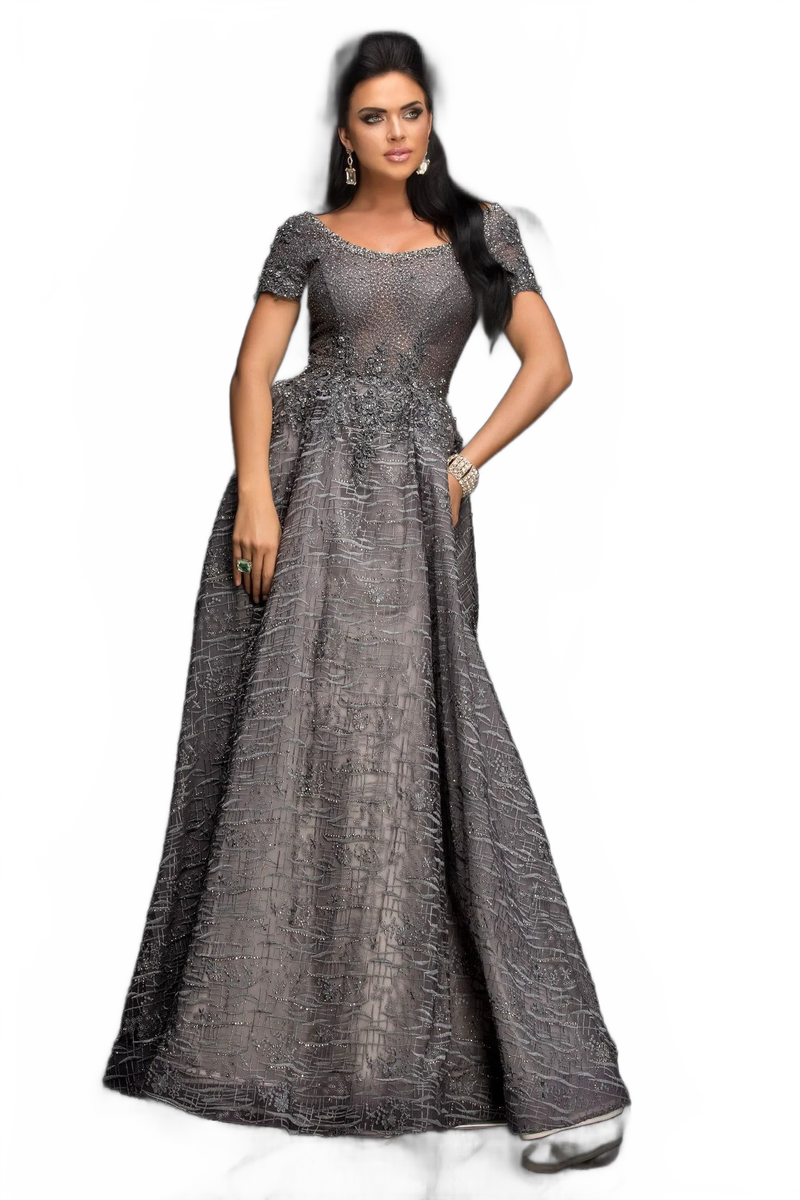 Beaded Short Sleeve A-line Gown by Lucci Lu 28839