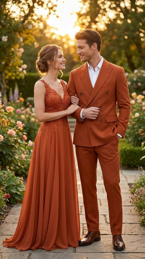 The vitali brand men’s burnt orange double-breasted suit features a fitted design with two rows of buttons, tailored lapels, and straight leg pants, all in a uniform burnt orange color.