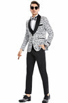 "Vintage Splatter Print Prom 2025 Tuxedo - Men's One Button Vested Shawl Lapel in Silver Grey"