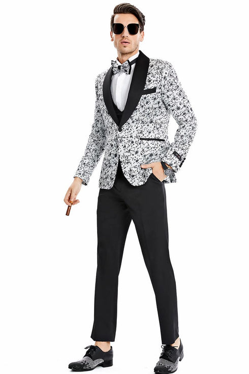 "Vintage Splatter Print Prom 2025 Tuxedo - Men's One Button Vested Shawl Lapel in Silver Grey"