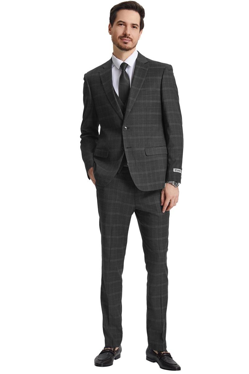 Men's Stacy Adams vested modern fit suit features an olive green windowpane plaid pattern. The suit includes a tailored blazer with a single button closure and matching trousers.