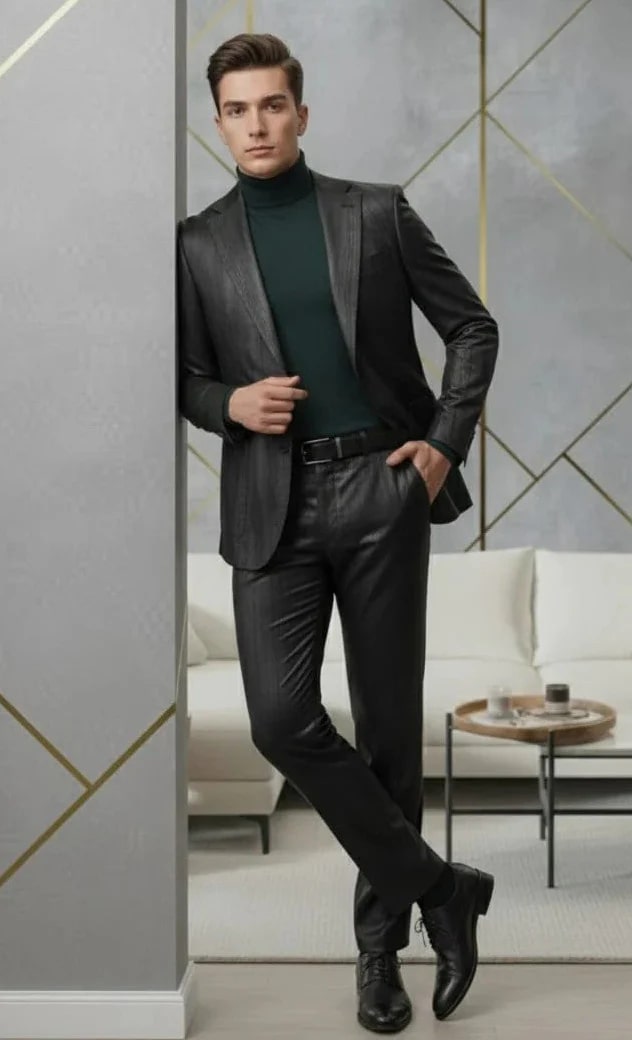 Alberto Nardoni men's slim fit suit in black. One-button notch lapel, subtle sheen fabric. Modern, tailored fit with tapered pants. Paired with a dark turtleneck for a sleek look.
