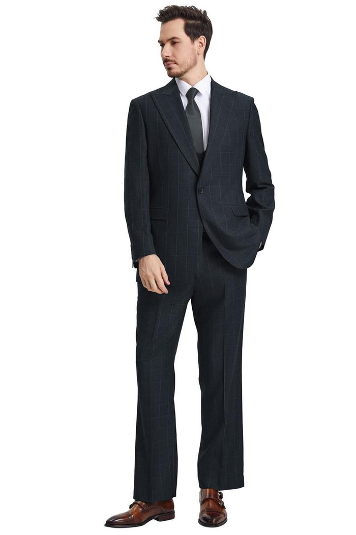 Men's Stacy Adams suit: Black, peak lapel, windowpane plaid. Includes matching scoop neck vest. Structured fit, identifiable fabric. Straight-leg pants.
