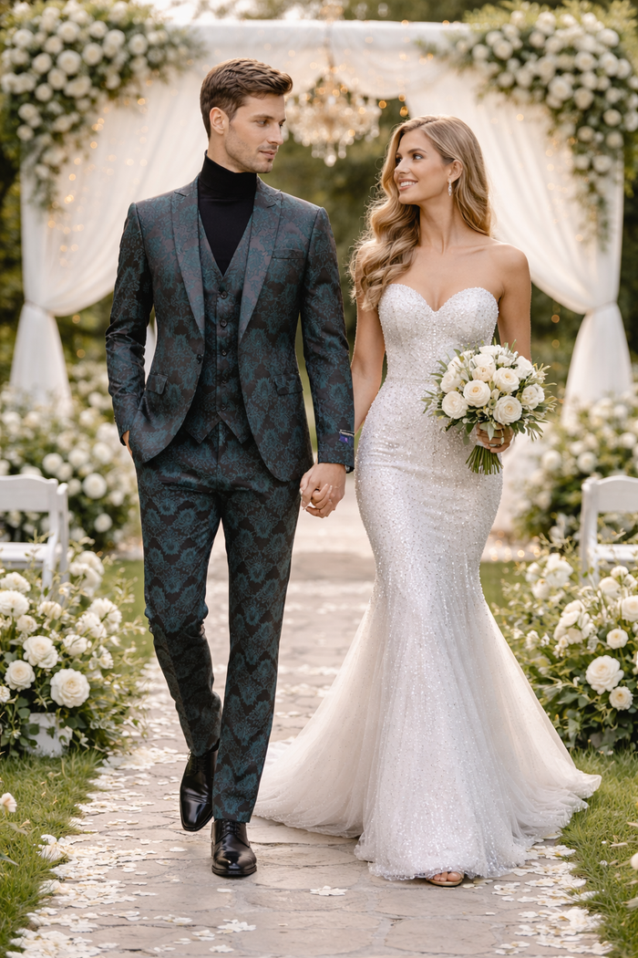 Paisley Suit - Black and Emerald Green Prom Suit - Slim Fit Stage Suit